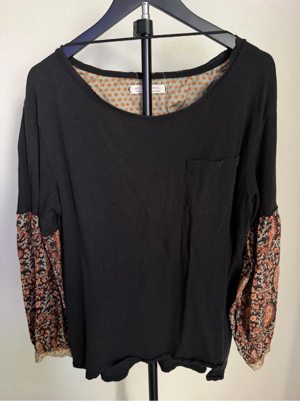 We The Free Black Long Sleeve Top with Paisley Print Sleeves